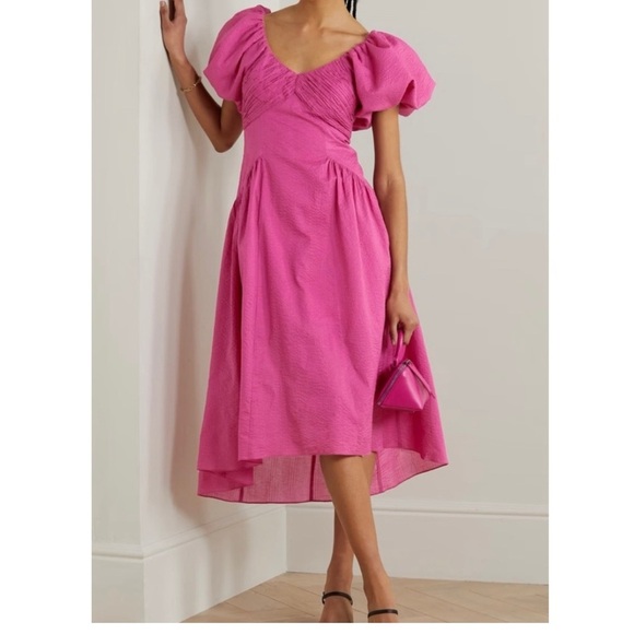 FRAME Puff-sleeve Textured Midi Dress V-neck A-line High Low Flounce Hem Small - Picture 4 of 16